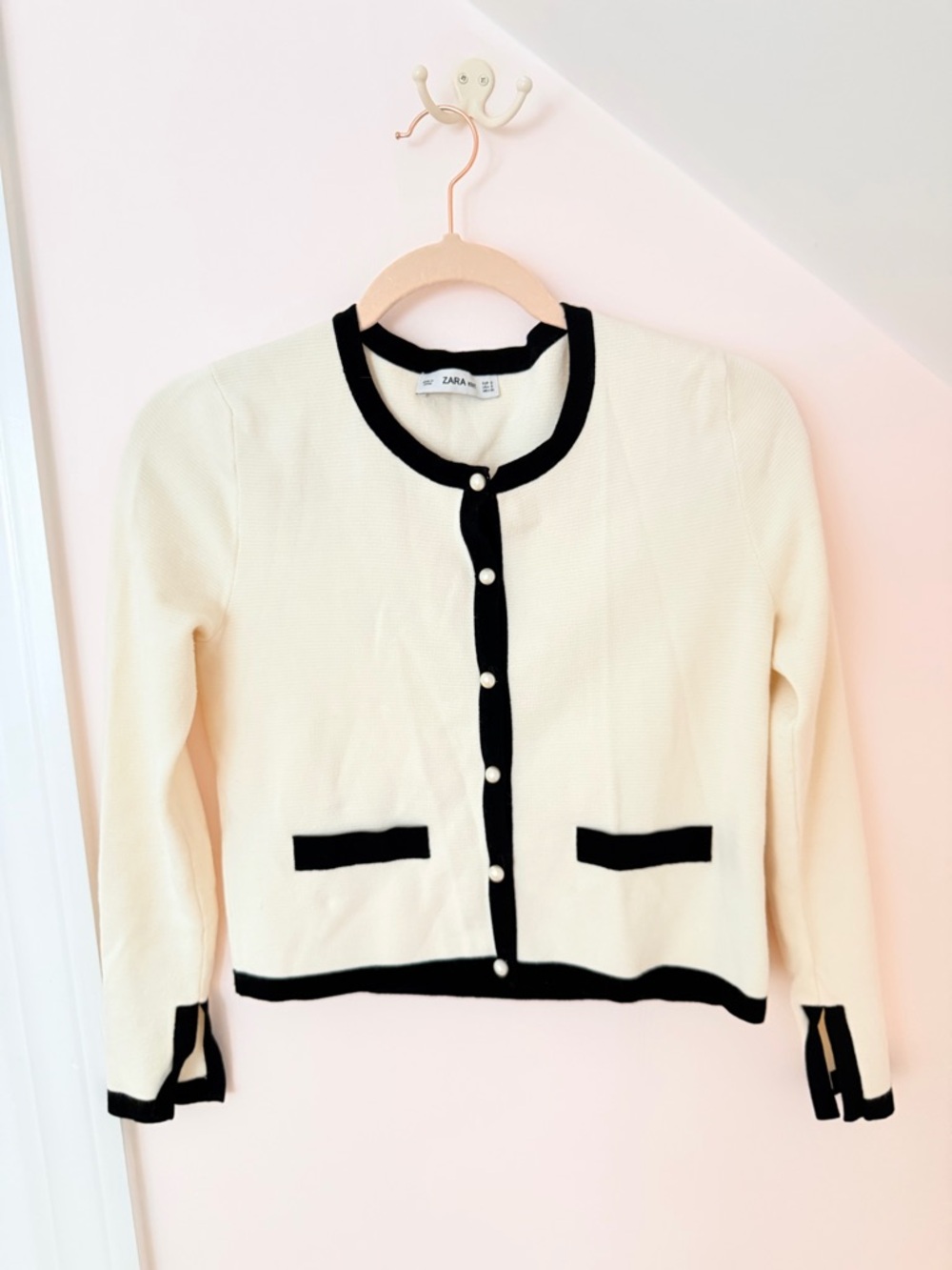 Zara Ivory Cardigan with Black Trim and Pearl Buttons